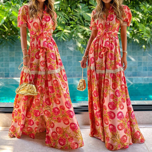 Damen Maxikleid mit floralen Applikationen und Taillengürtel Drune