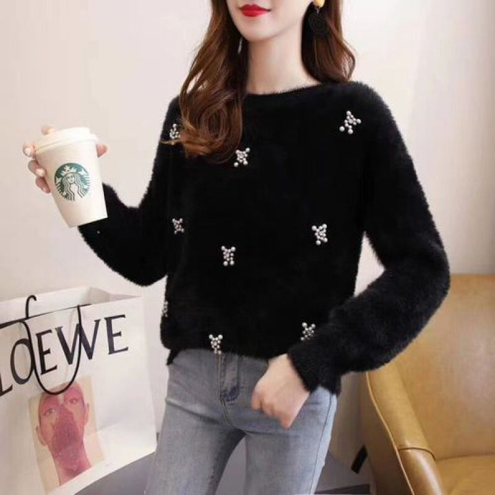 Damen weicher Pullover mit eleganten Perlenapplikationen Drune