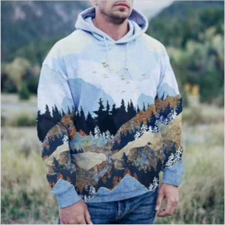 Herren Kapuzenpullover mit bergigen Landschaftsmotiven und Kängurutasche Drune