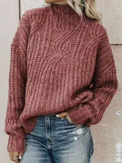 Damen Grobstrickpullover mit hohem Kragen und detaillierter Zopfstruktur Drune