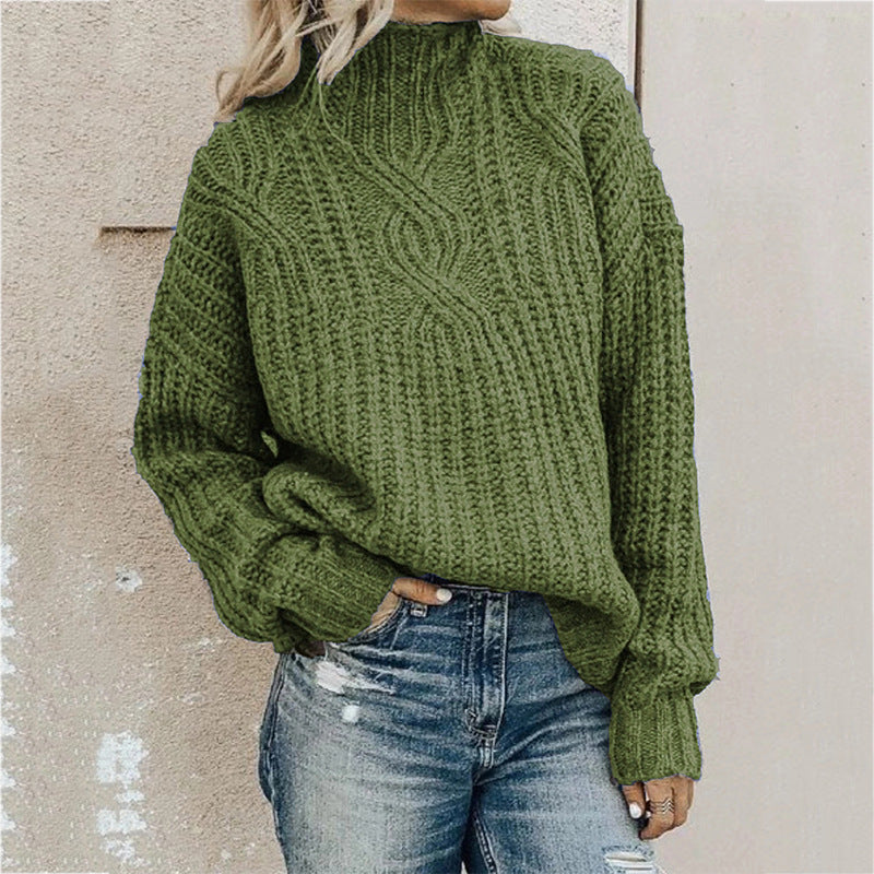 Damen Grobstrickpullover mit hohem Kragen und detaillierter Zopfstruktur Drune