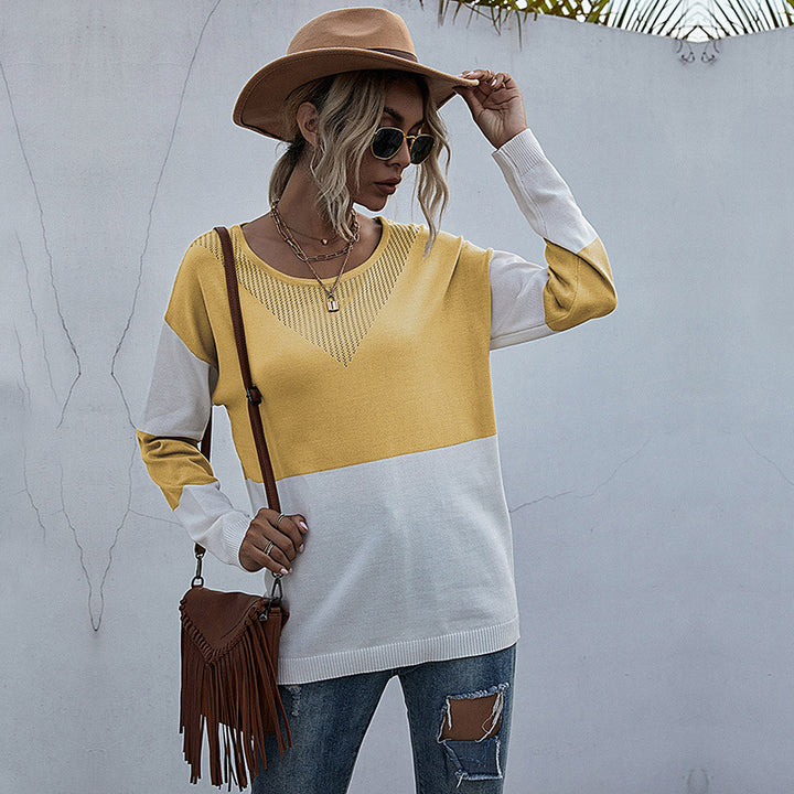Damen Lockere Strickpullover im Blockmuster mit V‑Ajour‑Detail Drune