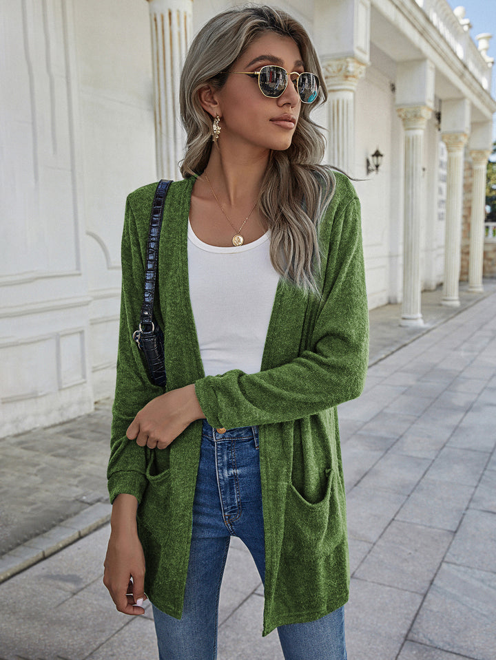 Damen Langer Offener Strickcardigan mit aufgesetzten Taschen und lässigem Fall Drune