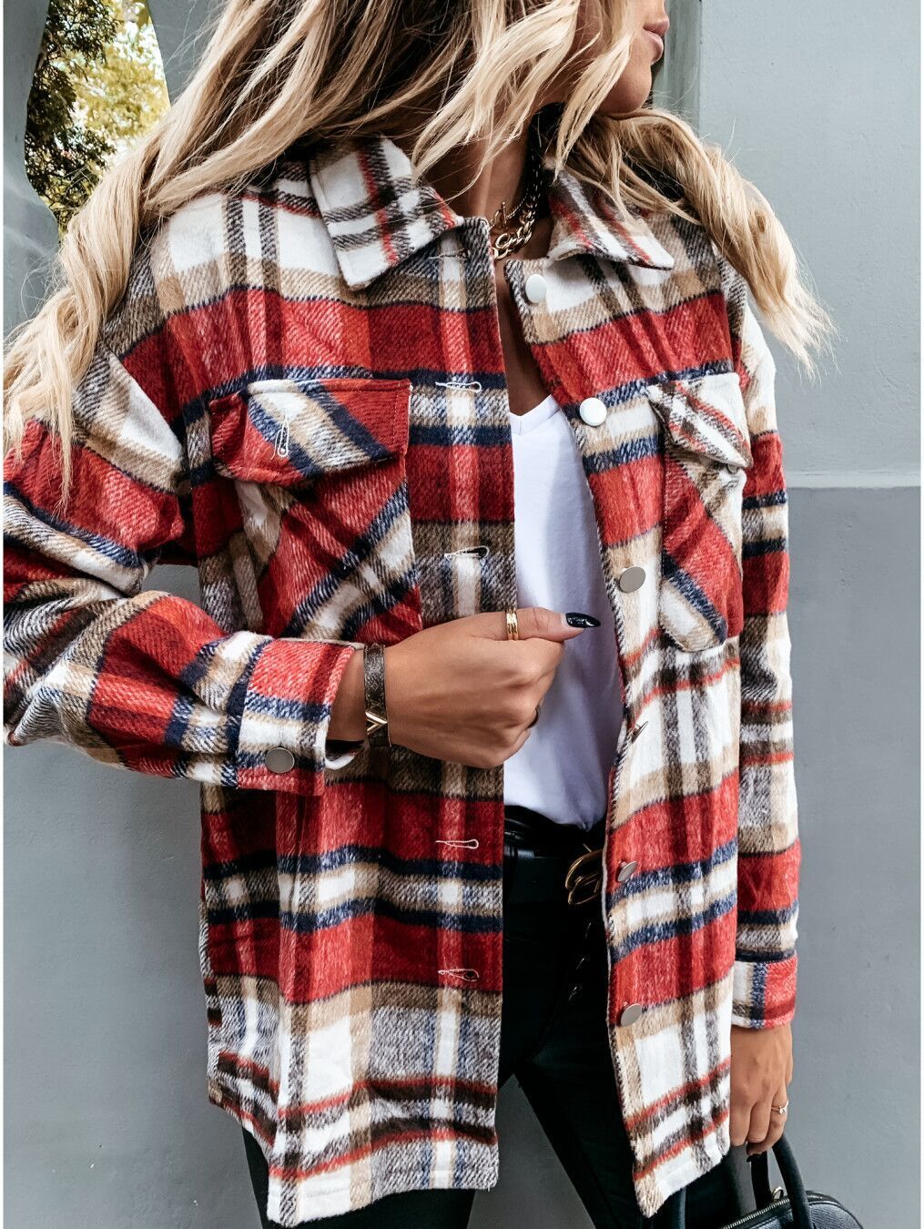 Damen Kariertes Overshirt mit Taschen und warmem Futter Drune