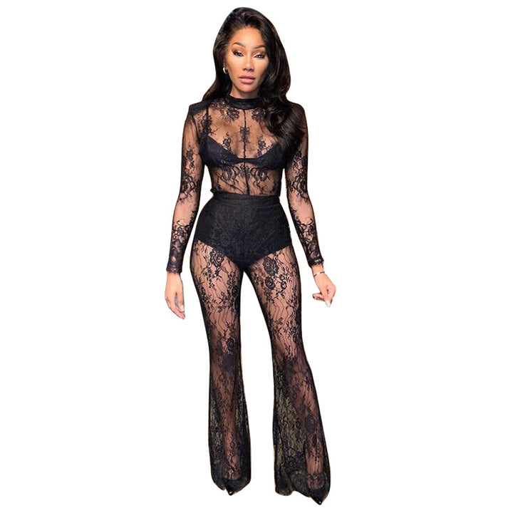 Damen Spitzenmaxikleid mit transparenten Akzenten und schwingendem Rock Drune