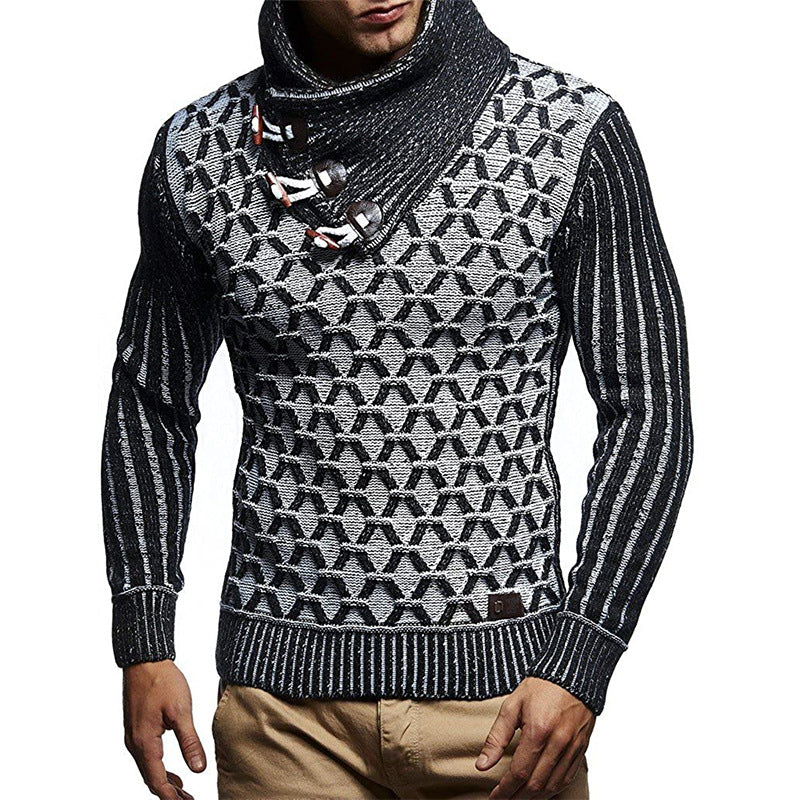 Herren Strukturstrick-Pullover mit überlappendem Rollkragen und Knebelverschlüssen Drune
