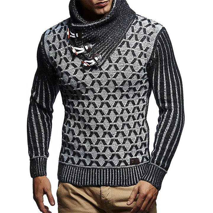 Herren Strukturstrick-Pullover mit überlappendem Rollkragen und Knebelverschlüssen Drune
