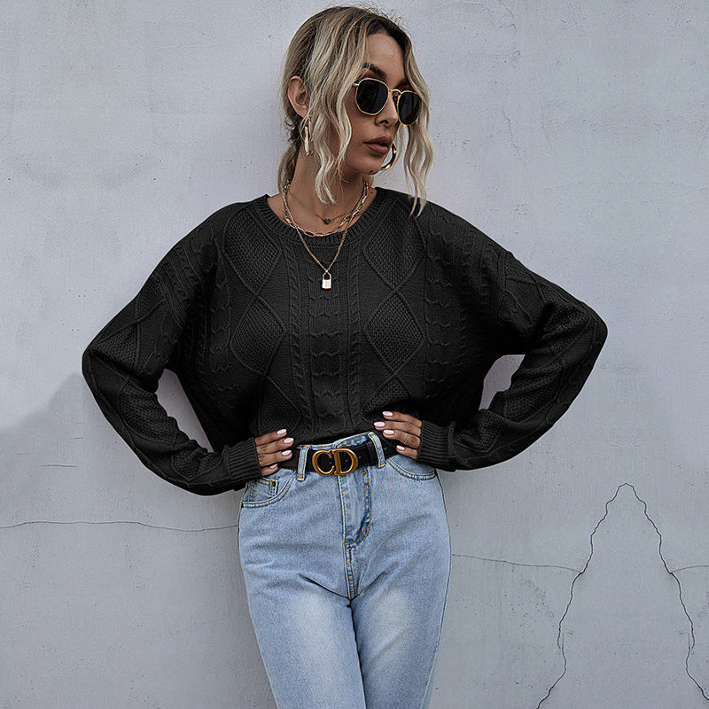 Damen Oversized Strickpullover mit Zopfmuster und Rundhalsausschnitt Drune
