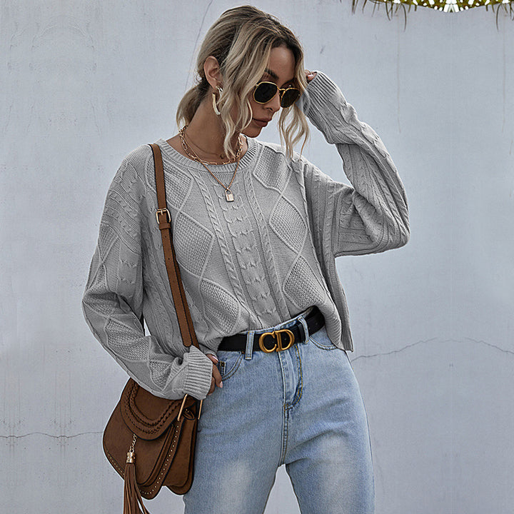 Damen Oversized Strickpullover mit Zopfmuster und Rundhalsausschnitt Drune