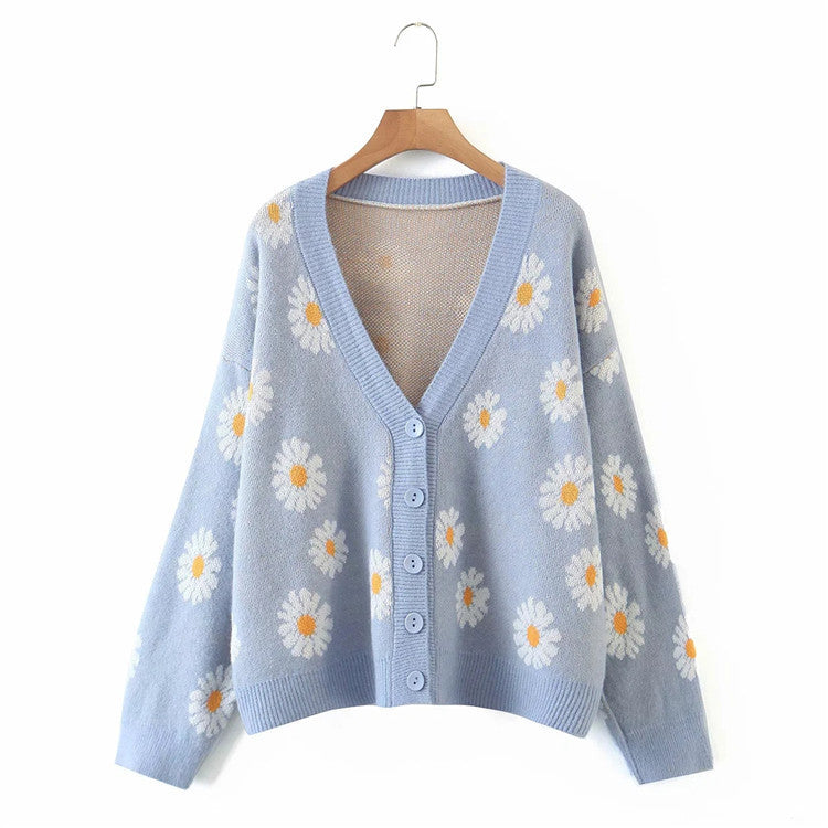 Damen Strickjacke mit floralem Design und V-Ausschnitt Drune