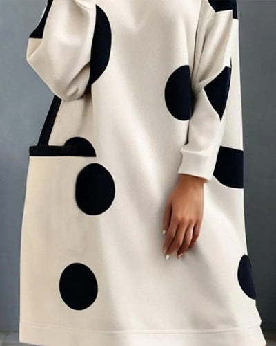 Drune | Elegantes Lockeres Kleid mit Tupfenmuster und Hohem Kragen und Tasche