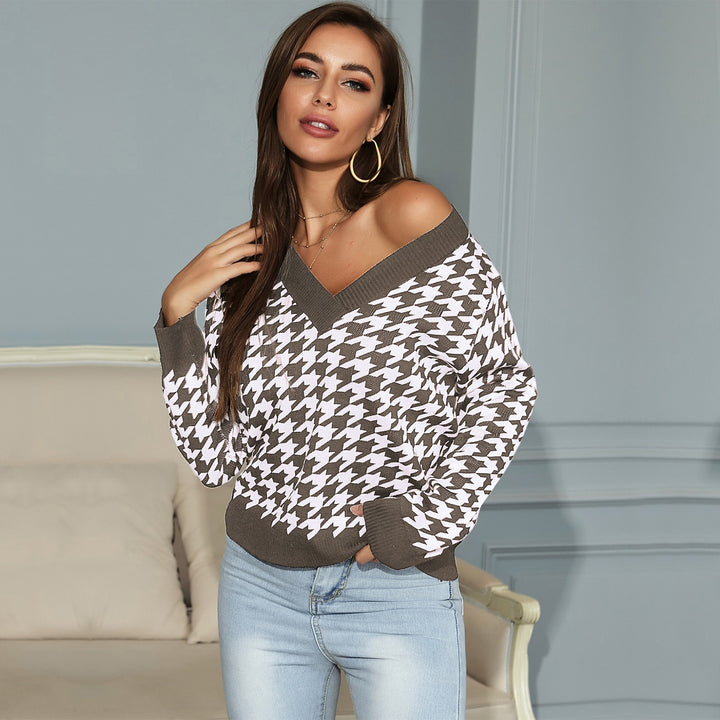 Damen Grobgestrickter Hahnentritt-Pullover mit weitem V‑Ausschnitt und off-shoulder Optik Drune