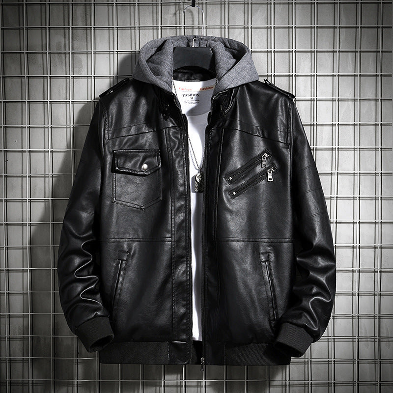 Herren Modische Lederjacke mit Kapuze Drune