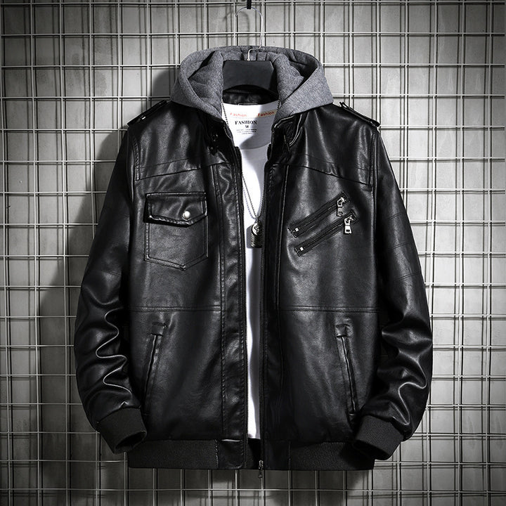 Herren Modische Lederjacke mit Kapuze Drune