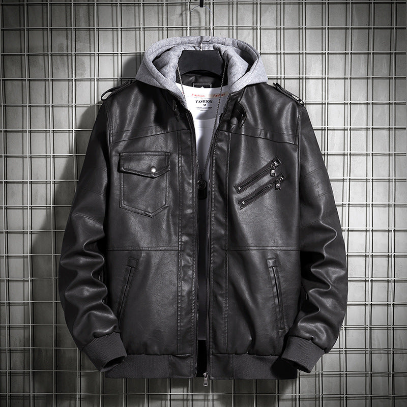 Herren Modische Lederjacke mit Kapuze Drune