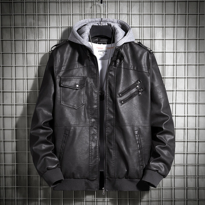Herren Modische Lederjacke mit Kapuze Drune