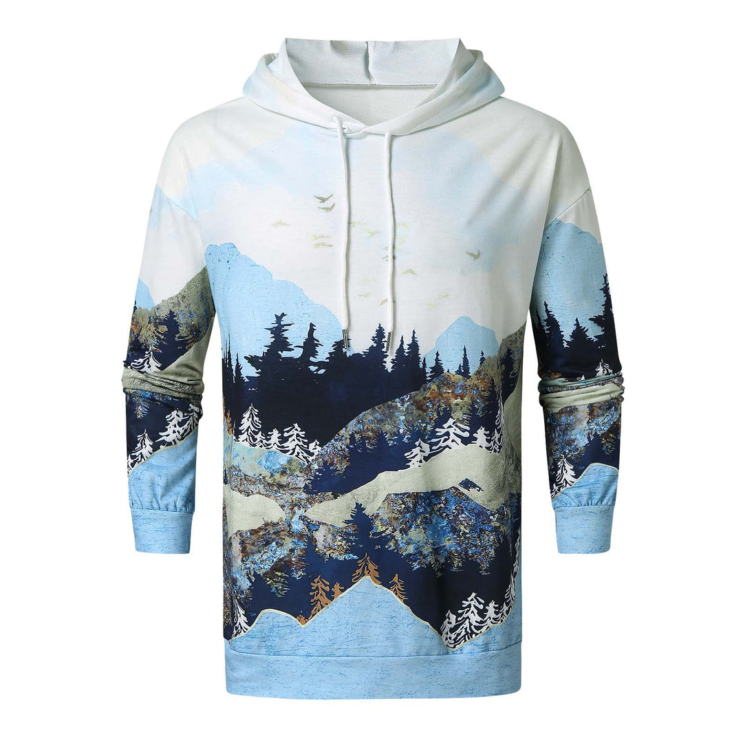 Herren Kapuzenpullover mit bergigen Landschaftsmotiven und Kängurutasche Drune