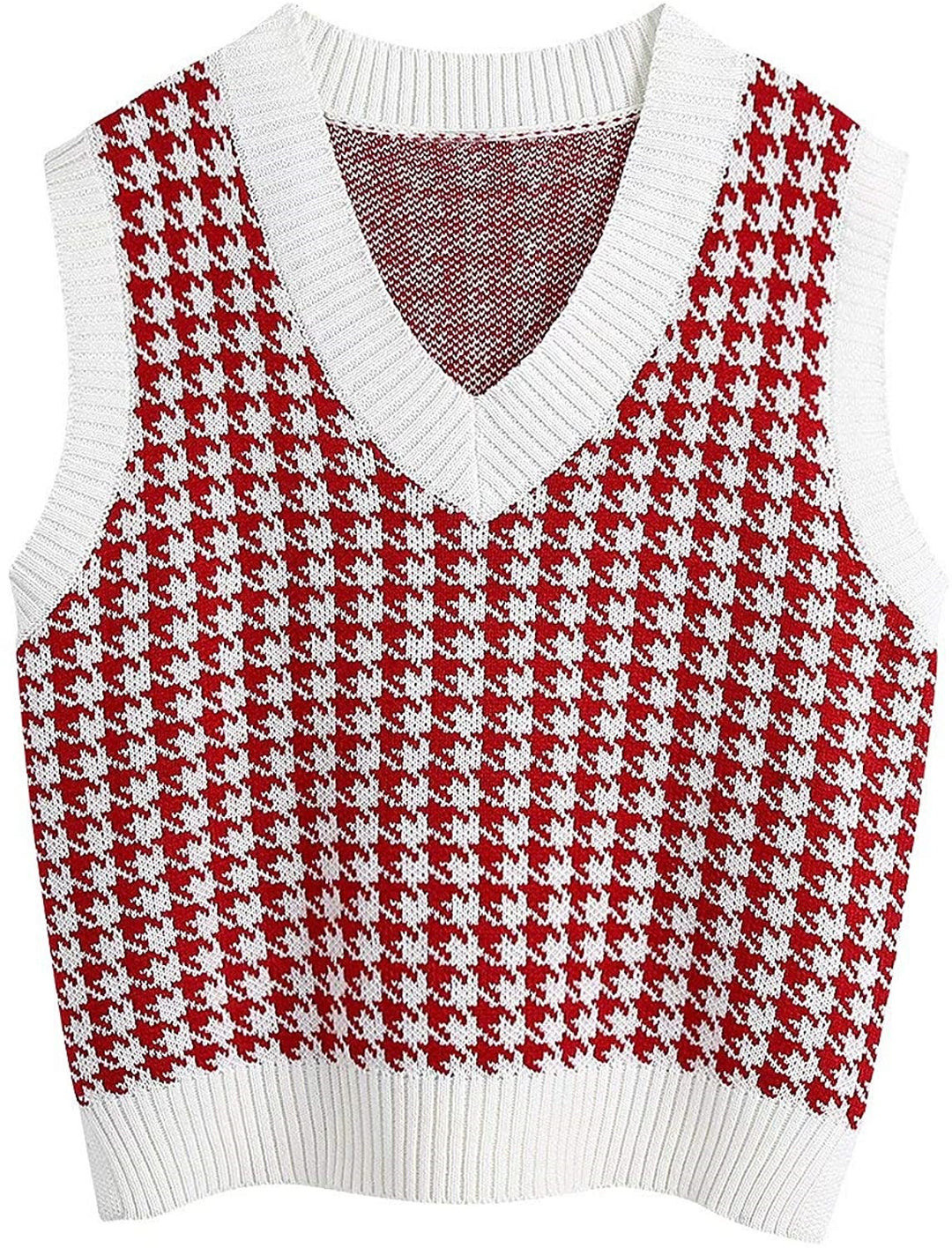 Damen Strickweste mit Hahnentritt-Muster, V-Ausschnitt und geripptem Saum Drune