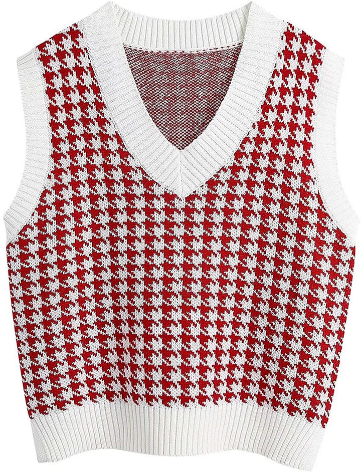 Damen Strickweste mit Hahnentritt-Muster, V-Ausschnitt und geripptem Saum Drune