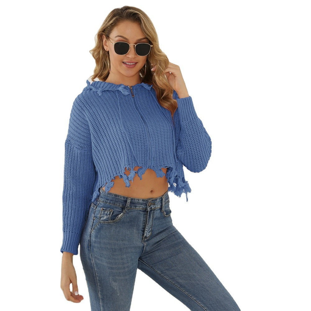 Damen Grobstrick Hoodie mit offener Vorderseite und Kordelzug Drune