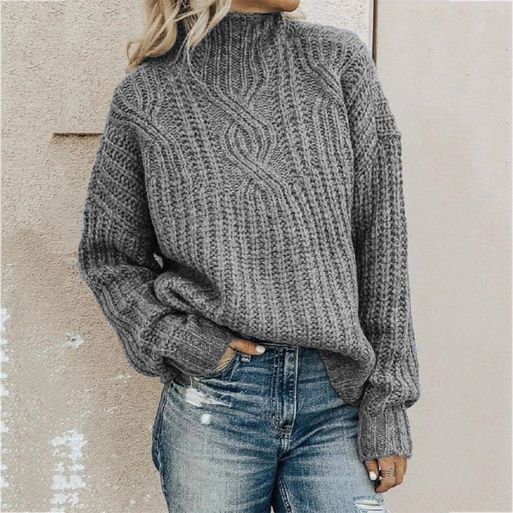 Damen Grobstrickpullover mit hohem Kragen und detaillierter Zopfstruktur Drune