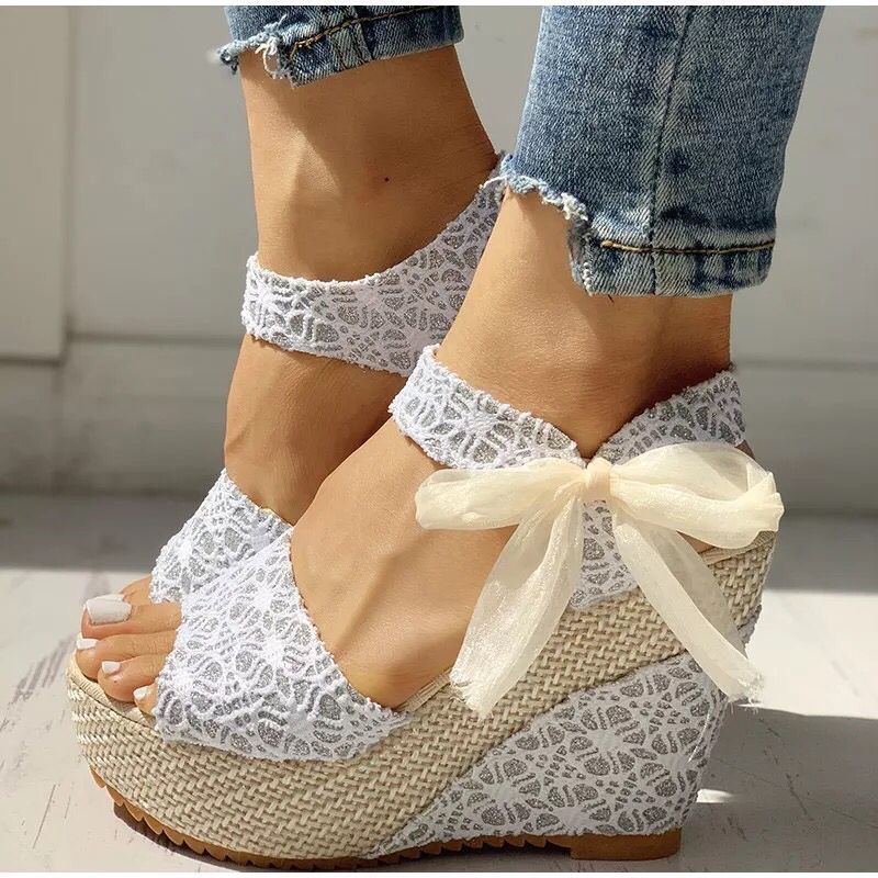 Damen nan romantische Spitzen-Keilabsatzsandalen mit Bast-Plateau und Zierschleife Drune