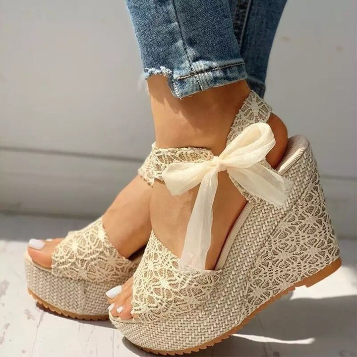 Damen nan romantische Spitzen-Keilabsatzsandalen mit Bast-Plateau und Zierschleife Drune