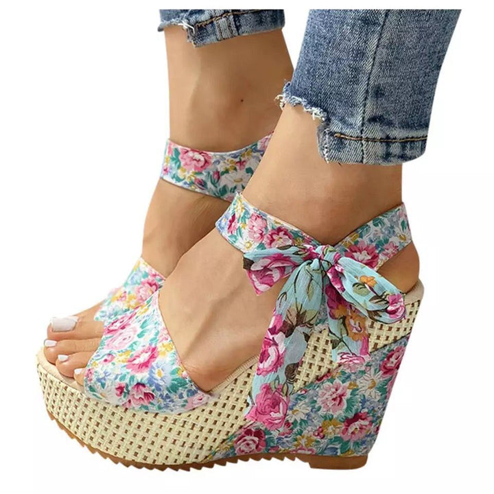 Damen nan romantische Spitzen-Keilabsatzsandalen mit Bast-Plateau und Zierschleife Drune