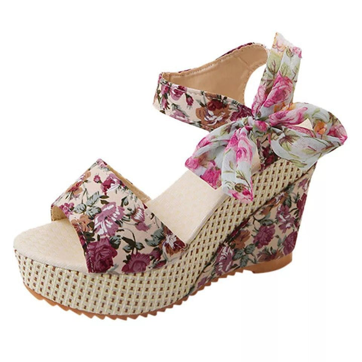 Damen nan romantische Spitzen-Keilabsatzsandalen mit Bast-Plateau und Zierschleife Drune