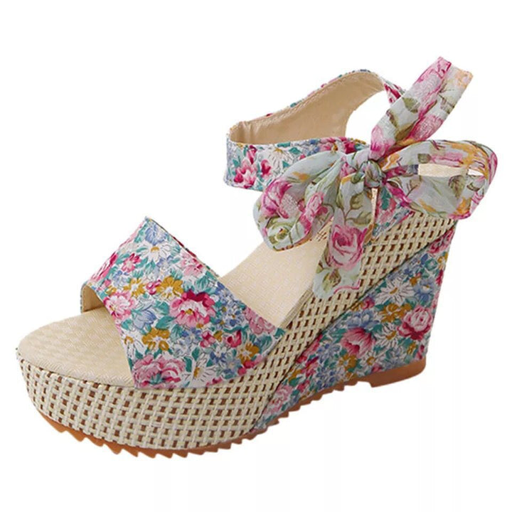 Damen nan romantische Spitzen-Keilabsatzsandalen mit Bast-Plateau und Zierschleife Drune