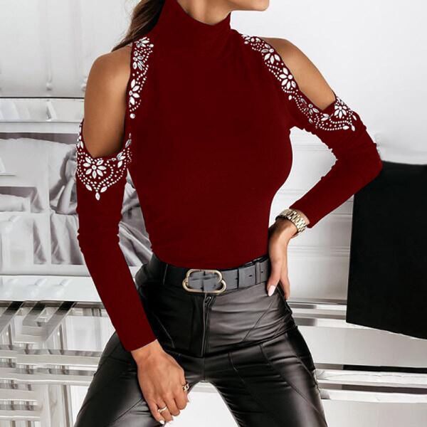 Damen Elegantes Turtleneck-Oberteil mit offenen Schultern und Spitzenverzierung Drune