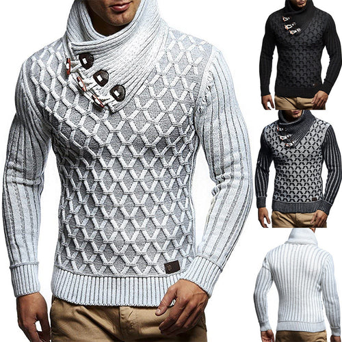 Herren Strukturstrick-Pullover mit überlappendem Rollkragen und Knebelverschlüssen Drune