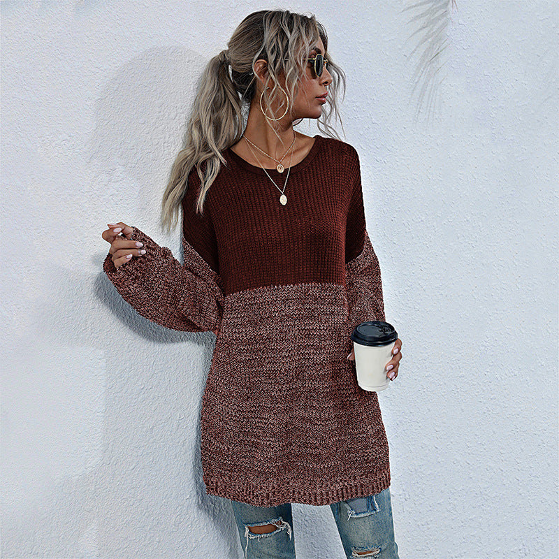 Damen Oversize-Strickpullover im Melange-Blockdesign mit Rundhalsausschnitt & verlängertem Saum Drune
