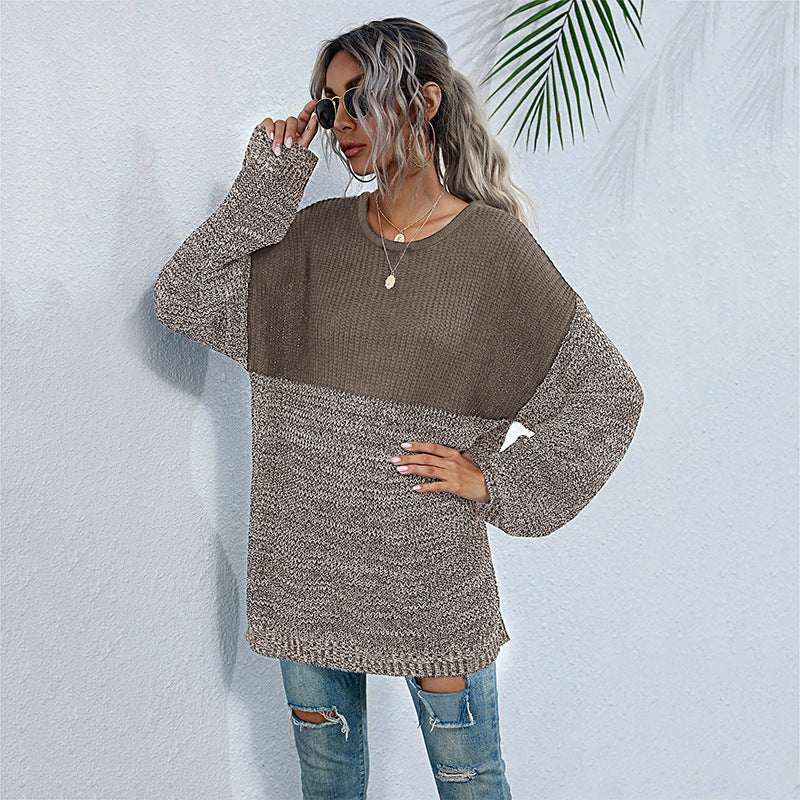 Damen Oversize-Strickpullover im Melange-Blockdesign mit Rundhalsausschnitt & verlängertem Saum Drune