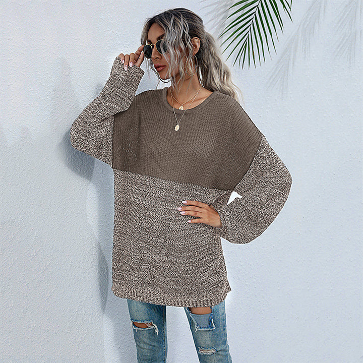 Damen Oversize-Strickpullover im Melange-Blockdesign mit Rundhalsausschnitt & verlängertem Saum Drune