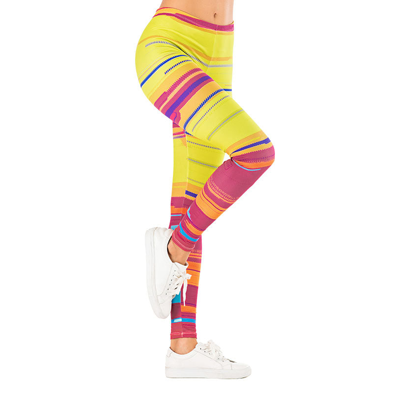 Damen Leggings mit abstraktem Streifenmuster, hoher Taille und atmungsaktivem Stretch-Funktionsstoff Drune