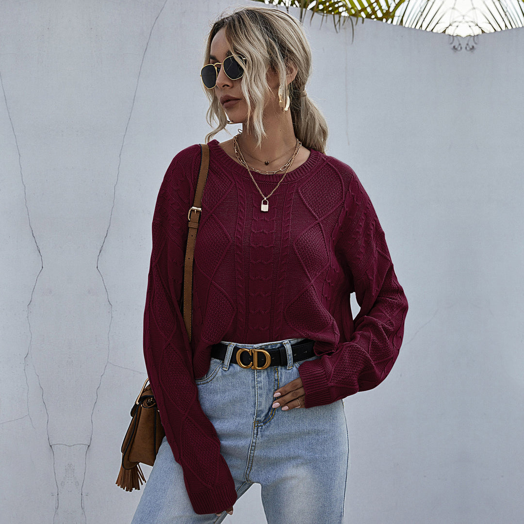Damen Oversized Strickpullover mit Zopfmuster und Rundhalsausschnitt Drune