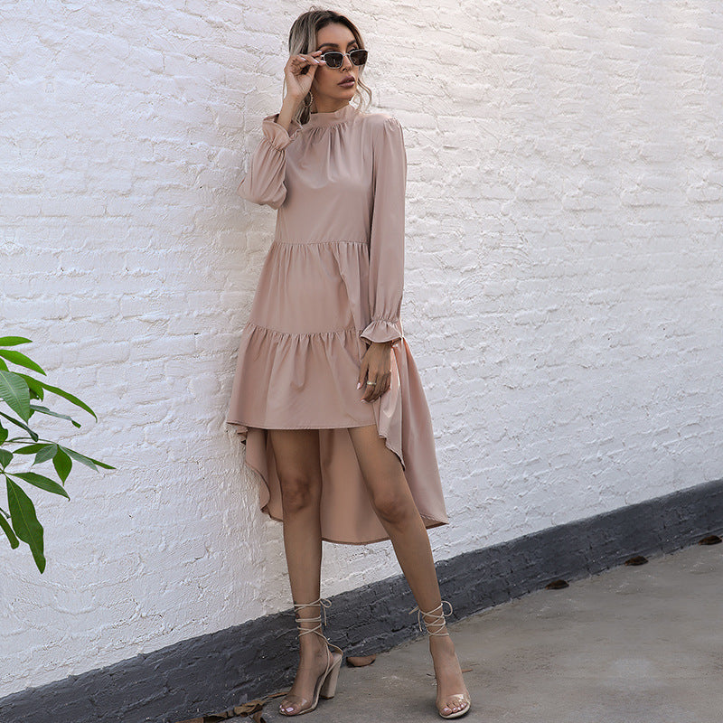 Damen Elegantes Hochgeschlossenes Kleid mit Rüschen Drune