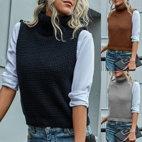 Damen Ärmellose Rollkragen-Strickweste mit strukturierter Waffeloptik Drune
