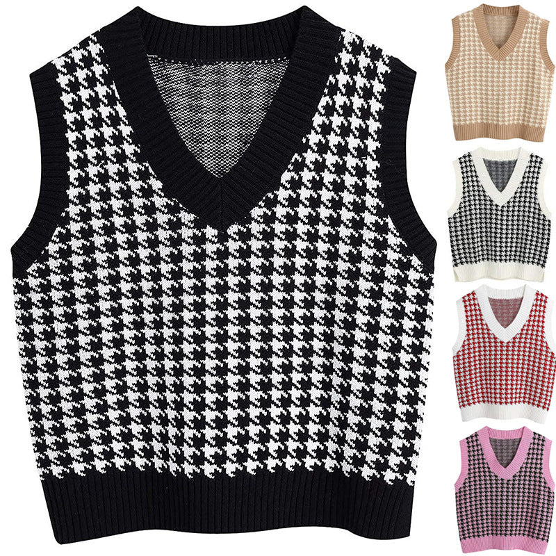 Damen Strickweste mit Hahnentritt-Muster, V-Ausschnitt und geripptem Saum Drune