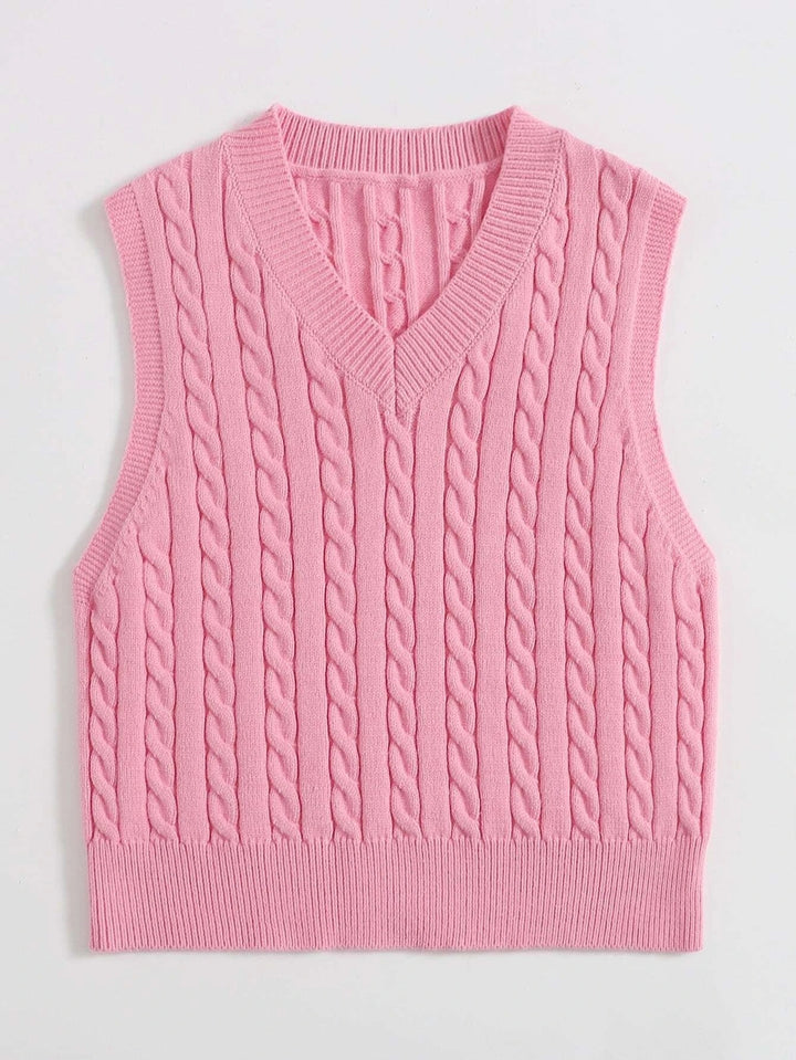 Damen Gestrickte ärmellose Zopfmuster-Pulloverweste mit V-Ausschnitt Drune