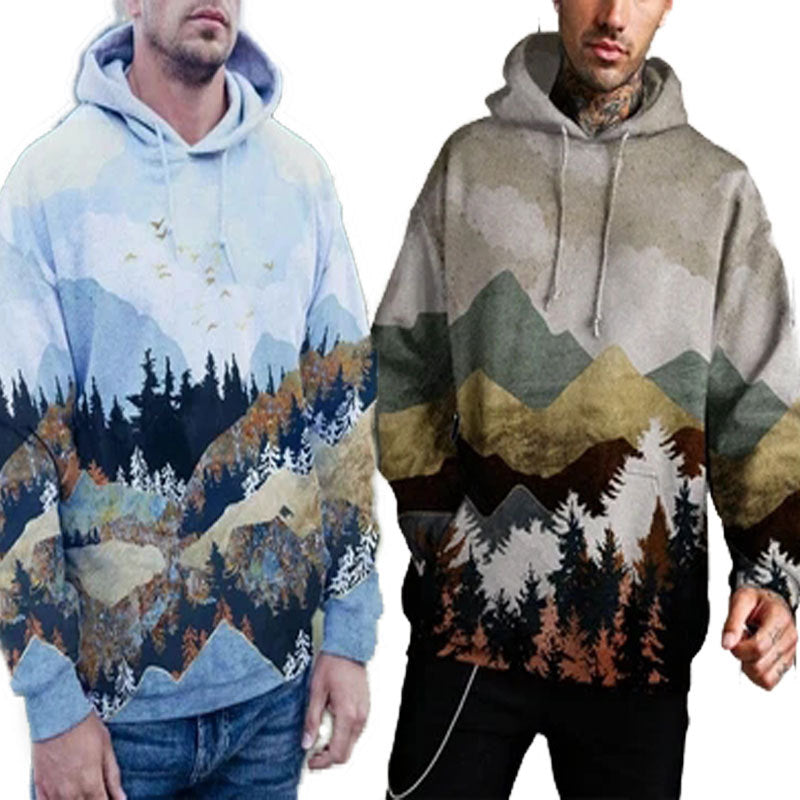 Herren Kapuzenpullover mit bergigen Landschaftsmotiven und Kängurutasche Drune