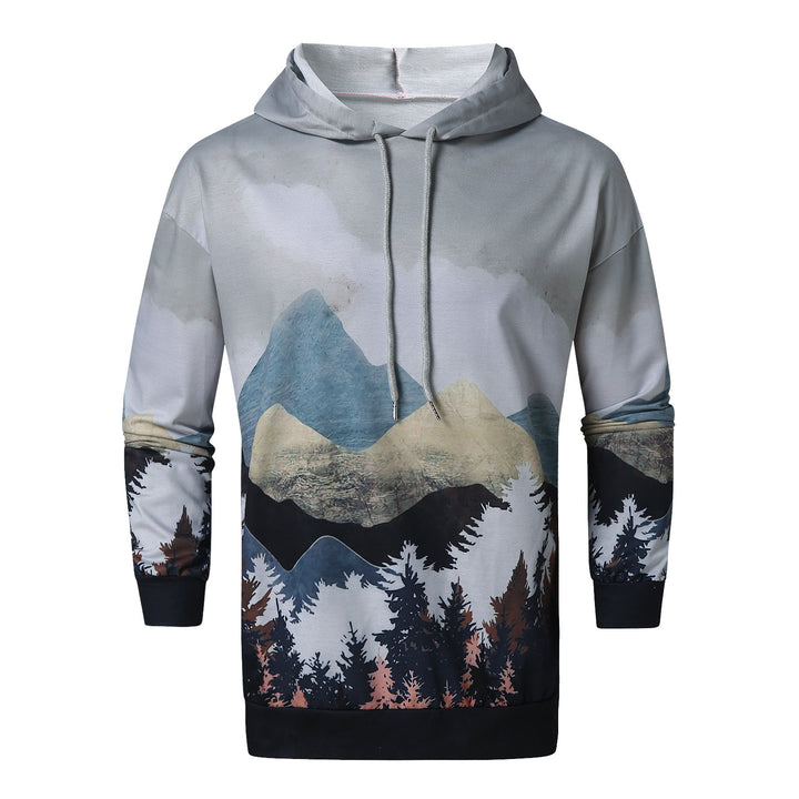 Herren Kapuzenpullover mit bergigen Landschaftsmotiven und Kängurutasche Drune