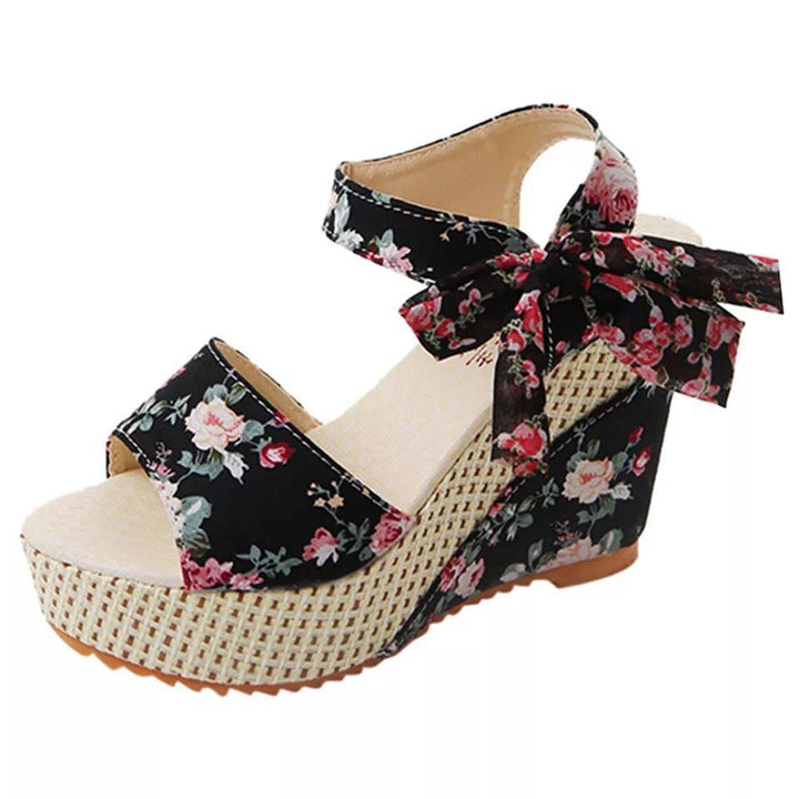 Damen nan romantische Spitzen-Keilabsatzsandalen mit Bast-Plateau und Zierschleife Drune