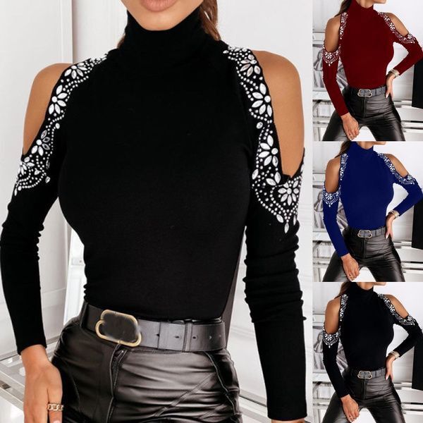 Damen Elegantes Turtleneck-Oberteil mit offenen Schultern und Spitzenverzierung Drune