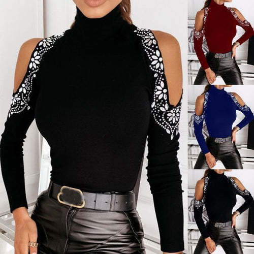 Damen Elegantes Turtleneck-Oberteil mit offenen Schultern und Spitzenverzierung Drune
