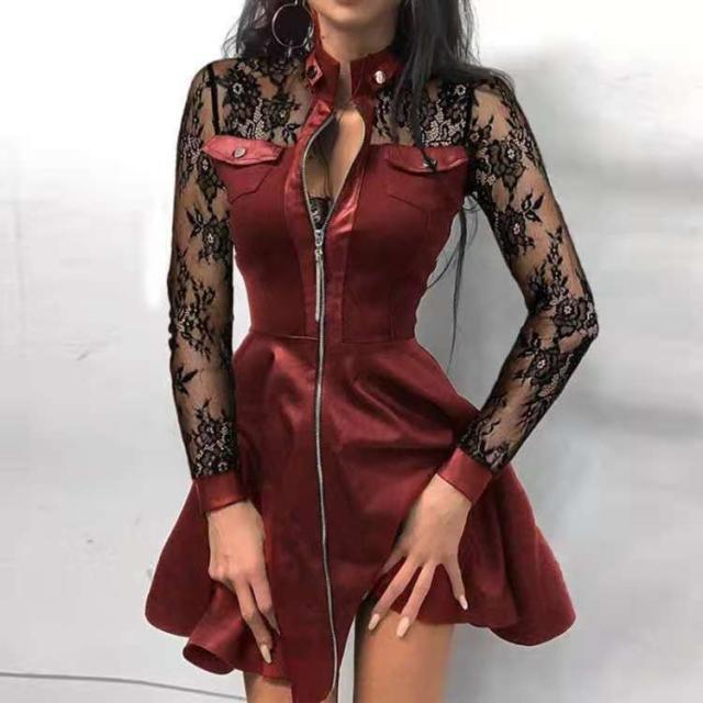 Damen nan tailliertes Mini-Kleid mit Hahnentritt-Oberteil, Kunstleder-Rock, Stehkragen und durchgehendem Reißverschluss Drune