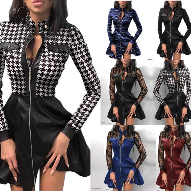 Damen nan tailliertes Mini-Kleid mit Hahnentritt-Oberteil, Kunstleder-Rock, Stehkragen und durchgehendem Reißverschluss Drune