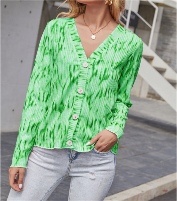 Damen Leichter Gerippter V-Neck Cardigan mit Knopfleiste und Batik‑Optik Drune