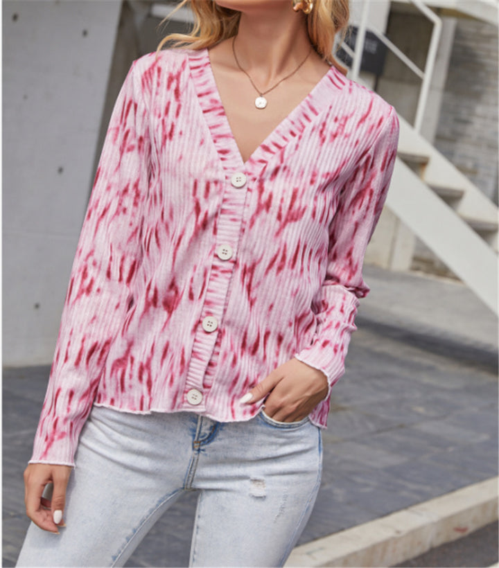 Damen Leichter Gerippter V-Neck Cardigan mit Knopfleiste und Batik‑Optik Drune